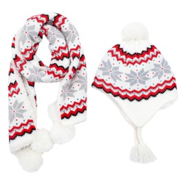 ANIMQUE Girls' Knitted Hat Scarf Fleece Lined Winter Children Baby Thermal Pom Pom Beanie Hat Neckerchief, Set of 2 fleece snowflake, white
