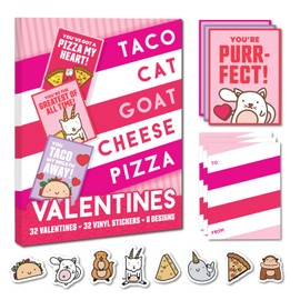 Dolphin Hat Games Taco Cat Goat Cheese Pizza Valentine's Day Cards - Great for Kids' School and Classroom Exchange - Includes Durable Vinyl Stickers - 32 Count