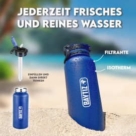 Baytiz | Thermos Flask + Activated Carbon Survival Straw - Bottle Water Filter for Travel Hiking Trekking Camping Air Purifier Reusable Compass Plastic Rain Bag