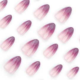 Ombre Red Press on Nails Almond Fake Nails Short False Nails Press ons with Designs Glitter Red Purple Acrylic Glossy Full Cover Stick on Nails Artificial Glue on Nails for Women Decoration 24 Pcs