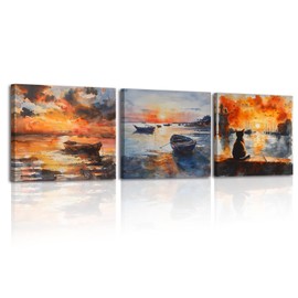 Piy Painting Canvas Pictures, Sunset Art Prints, Wall Pictures Living Room, Picture with Frame, Seascape, Kitten Painting, Easy to Hang for Bedroom, Living Room, Office, Cafe, 3 x 30 x 30 cm