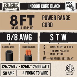 Cablectric 4 Prong Range Power Cord 8 ft - 50 Amp RV Extension Cable - Heavy Duty 6/8 AWG Cable - NEMA 14-50 Extension Plug - 4 Wire Stove Power Cord - Black