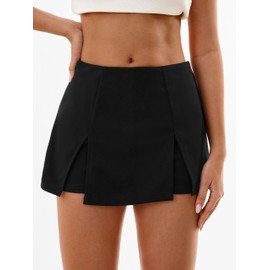 SOFIA'S CHOICE Women Casual Split Hem High Waist Mini Skorts Skirt Shorts with Side Zipper Black Large