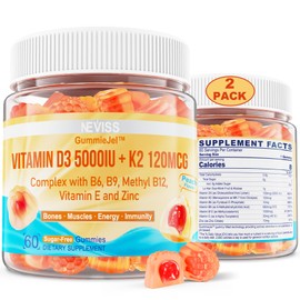 Vitamin D3 5000IU + K2 (MK-7) 120mcg, Sugar-Free Vitamin D3 K2 Filled Gummies with Vitamin B Complex - Methyl B12, B9, B6 | Vitamin E & Zinc, MCT Oil - Supports Bone & Teeth Strength, Immune, 2PACK
