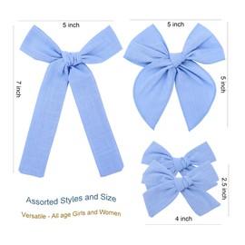 Set of 4 Cotton Linen Bow Hair Clips for Little Girls Toddler Baby Mom Women Hair Barrettes Accessories 3 Styles Bows (4 Blue)