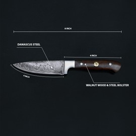 Titan International Knives 8" Damascus Steel Chef Knife| Handmade Sharp Cooking Kitchen Paring Knife | Handmade 1095 4340 Carbon Mix Hand Pounded | Walnut Wood Handle with Leather Sheath