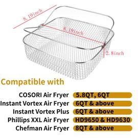 Square Air Fryer Basket for 5.8QT 6QT COSORI Air Fryer Accessories, 304 Stainless Steel Mesh Basket with Handle Replacement Accessory for 6QT Instant Vortex, Instant Vortex Plus, Phillips XXL