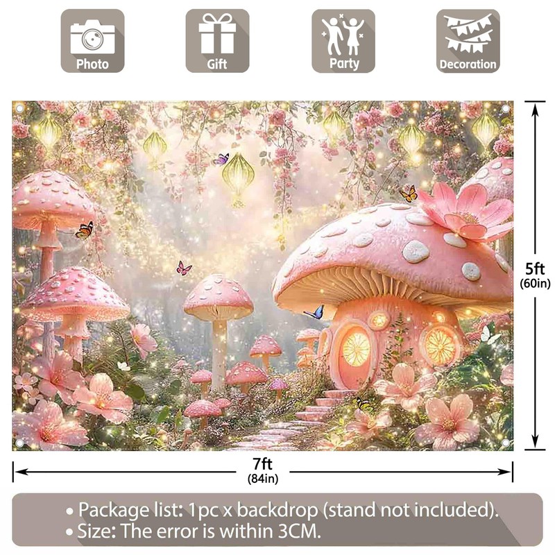 YCUCUEI 7x5ft Fabric Pink Mushroom House Forest Fairy Tale Backdrop