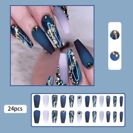 Dark Blue Press on Nails Long Coffin Fake Nails Ombre Marble False Nails with Gold Foil Rhinestone Designs Blue Purple Gradient Glue on Nails Acrylic Nails for Women and Girls 24 Pcs