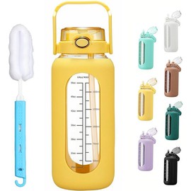 WINSA Water bottle 64oz Glass Water Bottle with Straw and Handle Lid Half Gallon Motivational Glass Bottle with Silicone Sleeve and Time Marker Large Reusable Sports Water Jug for Gym Home Workout:_Yellow