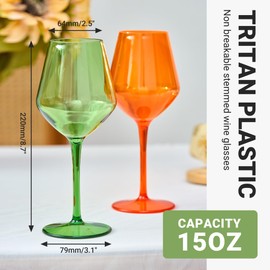 MICHLEY Colored Wine Glasses Set of 6 Unbreakable Colorful Tritan-Plastic Drinkware Gift 15oz for Ourdoor Home Party, Multicolor