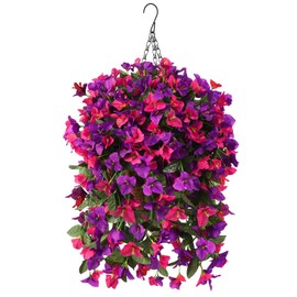 Artificial Hanging Flowers with Basket for Spring Outdoor Decoration,Fake Silk Begonia Flowers for Patio Garden Decor,Faux Hanging Plant in Coconut Lining Basket for Outside Indoor