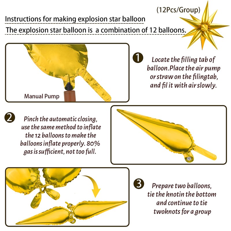 Moukiween 60 PCS Gold Star Foil Balloons, 12 Point Cone