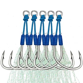 THKFISH Fishing Assist Hooks Saltwater Dancing Stinger Jigging Hooks Double Assist Replacement Fishing Hooks for Slow Pitch Jigs Vertical Jigging Lures Blue-#3/0-5pcs