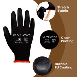 Velway 12 Pairs Safety Work Gloves - Firm Grip Gardening Gloves Non-Slip PU Coated Builders Gloves Lightweight Breathable Protective EN388 Mechanic Working Gloves for Men Women Black (Size 7/S)