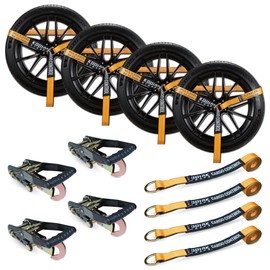 KODIAK STRAPS Adjustable Vehicle Tire Tie Down Straps Kit– 4pk Heavy Duty Tire Straps with Snap Hooks 10,000 lbs. Working Load 3333 lbs. Lasso 4 x Tow Strap Kit for Car, Truck, ATV Towing Accessories