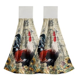 Giwawa Rooster Kitchen Hanging Towel Set of 2 Vintage Chicken Sunflower Hand Tie Towel with Loop Farmhouse Animal Yellow Flower Microfiber Dish Cloth Fast Drying for Bathroom Tabletop Home Decor