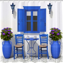 GOOESING Summer Travel Shower Curtain House Flowers Window Image Greek Design Landscape Shower Curtain with Hooks Navy Blue and White Bathroom Decor Washable Waterproof Fabric 180x180cm