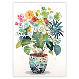 Birthday/Blank Greeting Card For Him/Her - Male/Female - House Plant and Birds - Artistic Design - Special Finishes - General Card Suitable for Any Occasion - Made in the UK - Eco-Friendly