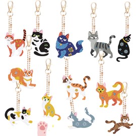 12 Pcs Diamond Painting Keychain Kits for Adults,Double Sided Cat Diamond Art Mosaic Keychain,DIY Rhinestone Keyrings,Cat Art and Craft Diamond Painting Keychain Pendant for Bag,Backpack