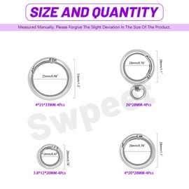 Swpeet 16 x 3 Sizes Silver Spring O Rings and Round Spring Snap Hook Rotating Ring Assortment Kit, Round Carabiner Key Ring Clip O Rings Hook Bag Closure Spring Buckle for DIY