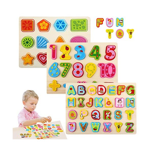 BelleStyle Learning Alphabet Puzzle, Wooden Jigsaw Puzzles for 2-5 Year Olds Kids, Colorful Letters/Numbers/Shapes Puzzle Board, Early Education Recognition Toy, Learning Games Gifts for Children
