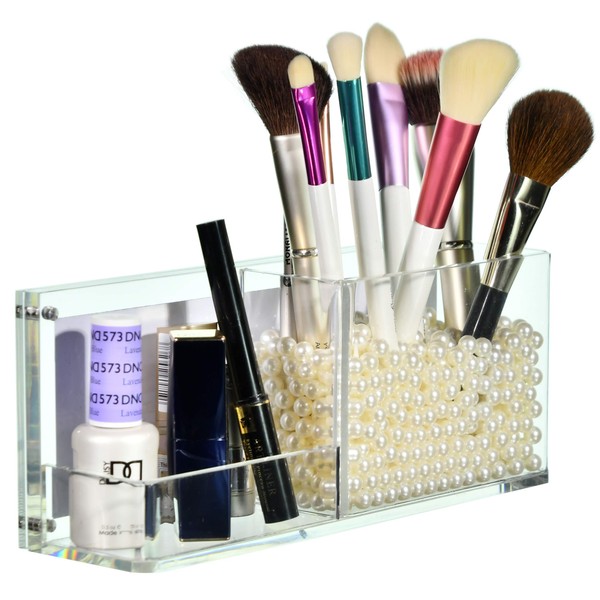 AMT CLEAR Acrylic Make Up Organizer, Business License Frame for Cosmetology or Other Businesses, Makeup Brush Holder, Pen Holder,Business Card Display (Cream)