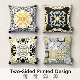 Phantoscope Set of 4 Outdoor Waterproof Throw Decorative Pillow Cover Geometric Boho Farmhouse Pillows Cushion Case for Patio Furnitures Tent Sunbrella, Gray and Yellow 18x18 Inches