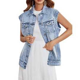 LifeShe Women's Denim Vest Oversized Casual Classic Sleeveless Button Down Denim Jacket