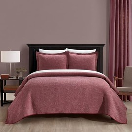 New York & Company Austin 3 Piece Cotton Blend Quilt Set Stone Washed Textured Floral Pattern Bedding - Pillow Shams Included, Queen, Wine