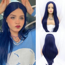 Angle Lucky Blue Lace Front Wig Long Straight Dark Blue Middle Part Wig Synthetic Natural Hairline Soft Wig Heat Resistant Fiber Cosplay Party Makeup Wigs for Women 24 Inches