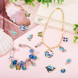 FASHEWELRY 48Pcs Assorted Gold Enamel Summer Charms Bulk Blue Theme Cute Ocean Beach Sea Charms for Bracelet Necklace Earring Crafting Holiday Presents for Mom Women Jewelry Making Supplies