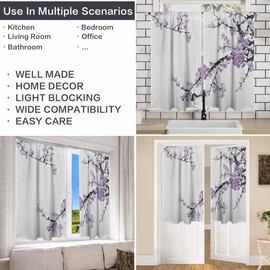 Sepmxagt Purple Cherry Kitchen Tier Curtains, Spring Sakura Floral Cafe Curtains for Living Room,Bathroom,Dining Room Over Sink,Laundry,Japanese Style Rod Pocket Window Drapes 28x40 inch 2 Panels Set
