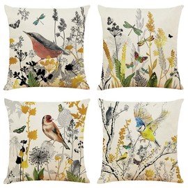 Decorative Throw Pillow Covers 18x18 inches Set of 4 Birds Butterfly and Plant Cushion Covers 45cm x 45cm Boho Linen Square Throw Pillow Cases for Living Room Sofa Couch Bed Pillowcases (Gold Black)