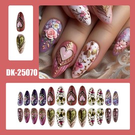 CJDLTS Gold Love Heart Press on Nails Almond Shaped Flower Rose Pattern Design Colorful Press Ons Acrylic Fake Nail Full Cover Glossy Artificial Fingernails Blossom Stick on Nails for Women 24Pcs