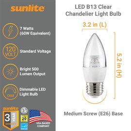 Sunlite 41775 LED B13 Decorative Chandelier Light Bulb, 7 Watts (60W=), 500 Lumens, 120 Volts, Dimmable, E26 Base, Energy Star, 90 CRI, ETL Listed, Torpedo Clear, Title-20, 3000K Warm White, 6 Pack