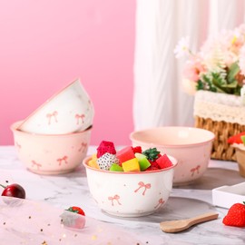 Reallnaive 4 Pcs Pink Bow Ceramic Bowls Set 4.5 Inch Bow Theme Coquette Cute Soup Bowl 12 Ounces Dessert Bowls for Kitchen Side Dishes Ice Cream Rice Soup Snack Cereal, Microwave and Dishwasher Safe