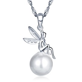 Unendlich U Fashion 925 Sterling Silver Women's Necklace Small Angel 10 mm Pearl Pendant Pearl Necklace, Sterling Silver, Cubic Zirconia