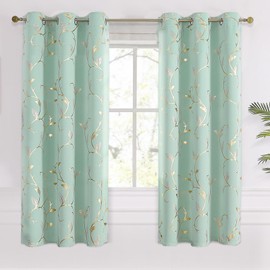 BUHUA Blackout Curtains Gold Foil Print Flower Vine Grommet Drapes, Room Darkening Thermal Insulated Curtains, Noise Reducing Blackout Curtain for Bedroom, Aqua, 38Wx63L, 2 Panels