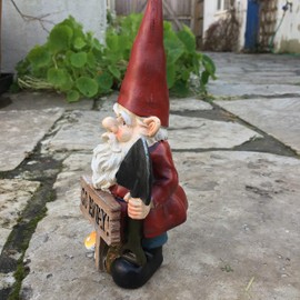 Grumps Traditional Garden Gnome with Red Hat Holding Sign Saying "Go Away!". 20 cm tall