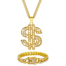 YBMYCM 80s 90s Dollar Sign Necklaces Set for Men, Gold Chains Money Pendant with Cuban Link Bracelet Set, Chunky Hip Hop Dollar Necklace for Men (28" gold necklace + 9" bracelet)