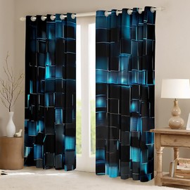 Homewish Black And Blue Curtains 46" Wx54 L Modern Geometric Boys Blackout Curtains for Bedroom, Gradient Neon Cubes Black Curtains & Drapes, Square Grid Curtain Geometry Lattice Wall Brick Decor