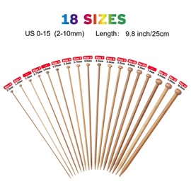 Bamboo Knitting Needles Set for Beginners Adults 9-Inch Single Point, 18 Pairs Straight Wooden Knitting Needles UK Size 2-10 (2.0-10.0mm), Wood Knitting Needles for Sweaters, Socks, Gloves