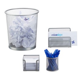 Relaxdays 4-Piece Desk Stationery Organiser, Letter Tray, Note Box, Pen Holder, Paper Bin, Silver