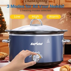SUNVIVIPRO 4QT Slow Cooker, Small Crock with 3 Heating Settings & Removable Ceramic Pot, Mini Food Warmer with Dishwasher Safe Glass Lid & Crock, Stainless Steel, Blue