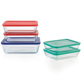 Pyrex Simply Store Glass Food Storage Container Set with Lid, Rectangular Glass Storage Containers with Lid, BPA-Free Lid, Dishwasher, Microwave and Freezer Safe, 10 Piece