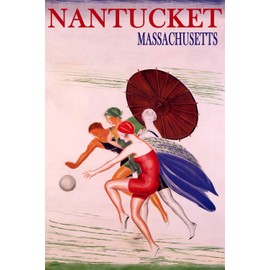 WONDERFULITEMS Nantucket Massachusetts Summer Beach Happy Women Playing Ball Sun Umbrella USA Travel 16" x 24" Image Size Vintage Poster repro Canvas Rolled up. We Have Other Sizes