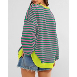 BTFBM Womens Oversized Striped Sweatshirt Crewneck Long Sleeve Pullover Top Casual Y2K Fall Clothes 2025 Workout Shirt(Pink Green, Medium)