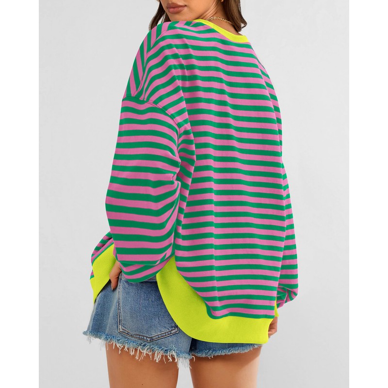 BTFBM Womens Oversized Striped Sweatshirt Crewneck Long Sleeve Pullover Top