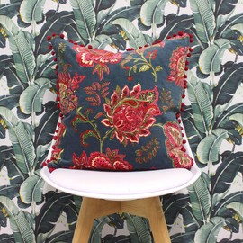 Riva Paoletti Malisa Square Cushion Cover - Smoke Blue - Paisley Indian Print - Faux Velvet Fabric - Pink Pompom Edges - Machine Washable - 100% Cotton - 50 x 50cm (20" x 20" inches)